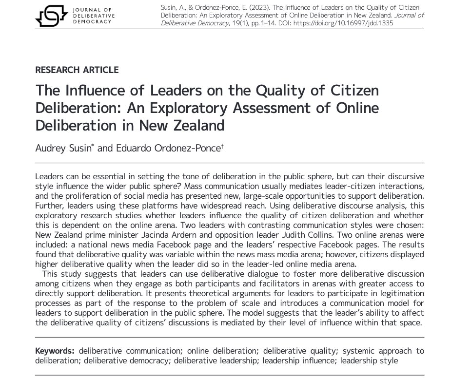 Journal of Deliberative Democracy (@delibdemjournal) on Twitter photo 'The deliberative project must come to terms with leaders as an inevitable influence within the deliberative system, for better or worse.'
Audrey Angelina Susin & <a href="/eordonezp/">Peter</a> <a href="/AthabascaU/">Athabasca University</a> present their study of leaders' influence on deliberation in 🇳🇿
⬇️ delibdemjournal.org/article/id/133… 'The deliberative project must come to terms with leaders as an inevitable influence within the deliberative system, for better or worse.'
Audrey Angelina Susin & <a href="/eordonezp/">Peter</a> <a href="/AthabascaU/">Athabasca University</a> present their study of leaders' influence on deliberation in 🇳🇿
⬇️ delibdemjournal.org/article/id/133…