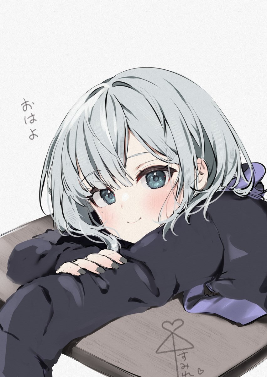 1girl solo smile looking at viewer blush desk grey hair  illustration images
