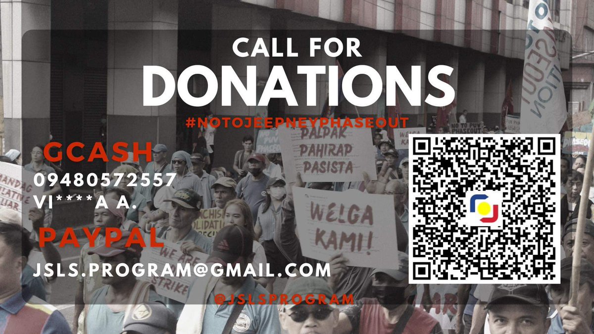 jslsprogram's tweet image. #NoToJeepneyStrike
#JSLsProgramSupportsTheStrike

Good day! Sa ginaganap na transport strike na hanggang Dec 29, nais ipakita ng @jslsprogram ang suporta sa pamamagitan ng pagpapadala ng free meals para sa mga tsuper na kasali sa welga. 

See thread para sa kabuuang plano
