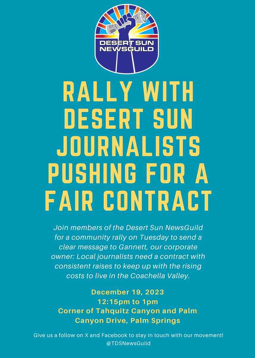 🚨TOMORROW AT 12:15🚨 Join our members in downtown Palm Springs as we rally against @Gannett, the true Grinch of the holiday season. As we push for our first contract, we're demanding raises for all our members that reflect the soaring costs of living in the valley. Join us!⤵️