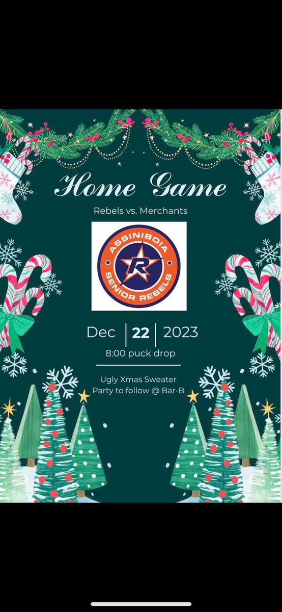 Assiniboia Senior Rebels (@rebelssenior) on Twitter photo Rebels finish off the first half of the season at home this Friday with the only meeting against the <a href="/CoronachMerch/">Coronach Merchants</a>
50/50 gauranteed at $1500 and ugly Christmas sweater party to follow at the bar b saloon and inn!
Fridays game sponsor is Southland Coop Rebels finish off the first half of the season at home this Friday with the only meeting against the <a href="/CoronachMerch/">Coronach Merchants</a>
50/50 gauranteed at $1500 and ugly Christmas sweater party to follow at the bar b saloon and inn!
Fridays game sponsor is Southland Coop