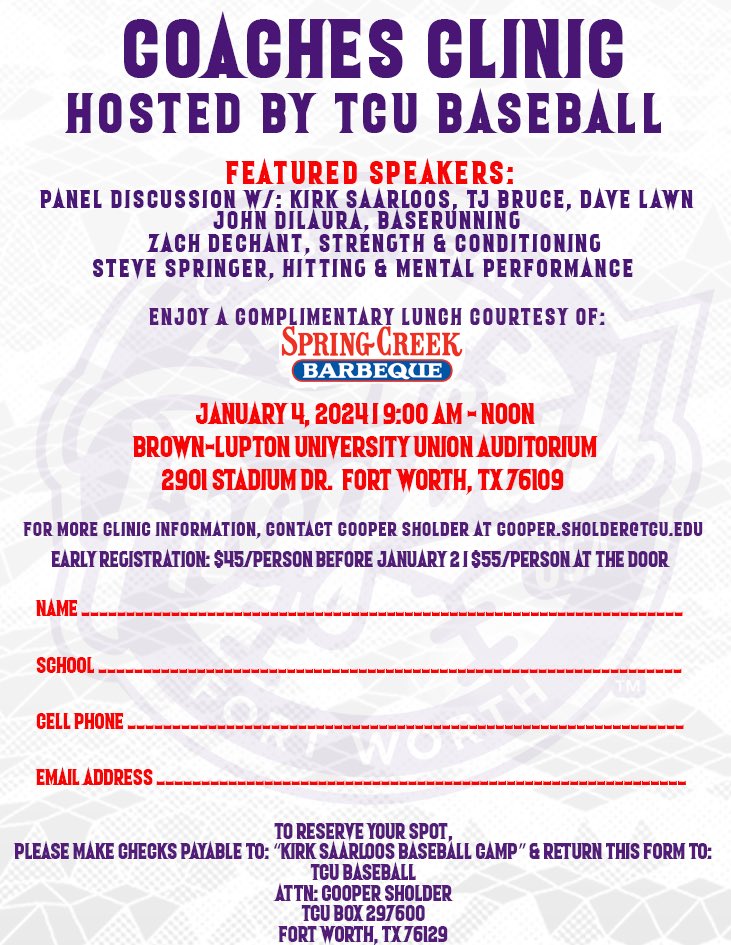 Stop at TCU before you head to the @ABCA1945 National Convention!   🗓️ Jan. 4 | 9 AM - 12 PM • Panel discussion with @KirkSaarloosTCU, @tj_bruce and @CoachDaveLawn • Lunch Provided Any questions ➡️ cooper.sholder@tcu.edu #FrogballUSA | #GoFrogs