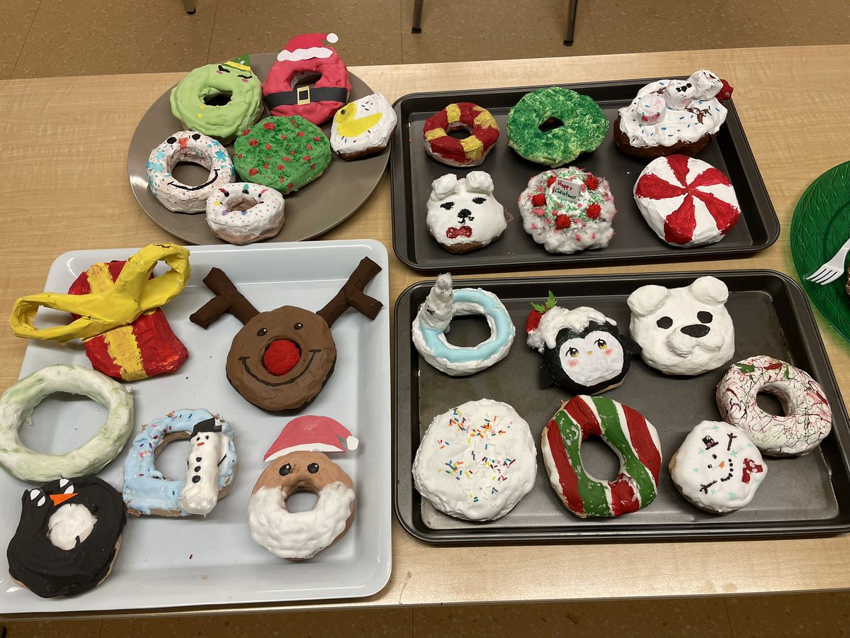 Our holiday paper mache doughnuts are finally complete! Amazing job Gr 8s!!!@stbasilbulldogs