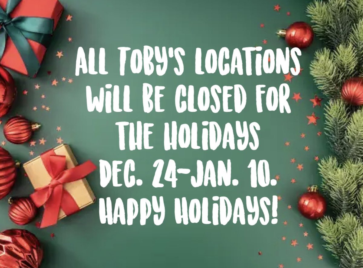 All Toby’s locations will be closed Dec 24- Jan 10. Happy Holidays! #ourlastweekoftheyear #happyholidays #tobysicecream #scoopsquadvacay #2023 #2024 #wellbebacksoon