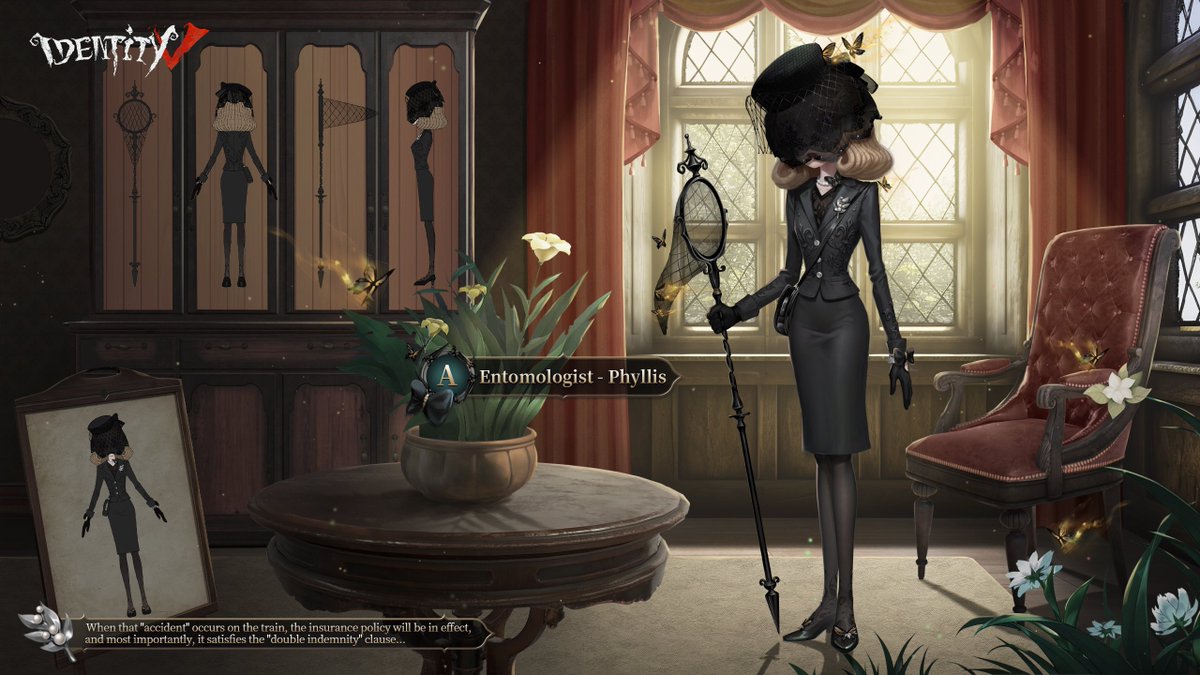 Dear Visitors, 
Her whispers seamlessly intertwine with the night, and nobody will know whether 'confession' in her world is a crime or love. Deduction Star A costume Entomologist - Phyllis will be available on Jan.1, stay tuned! #IdentityV #DeductionStar #Costume