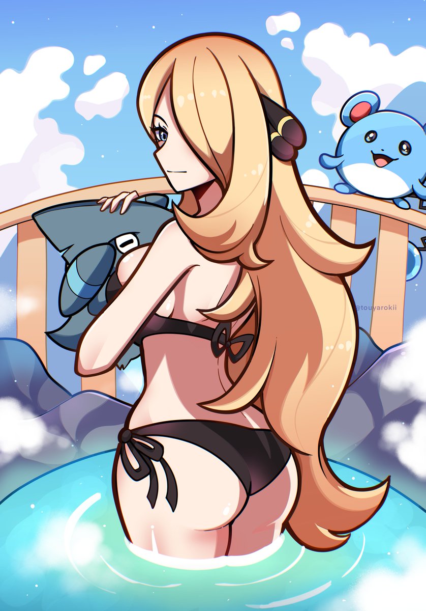 Cynthia from Pokemon in the hot springs 🫧