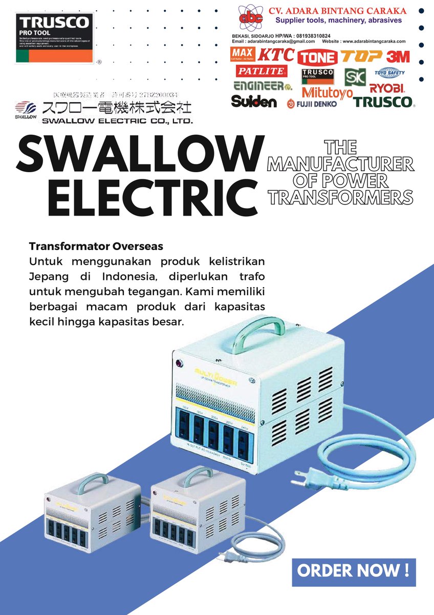 AdaraBC's tweet image. CV Adara Bintang Caraka siap supply Transformator Overseas (Swallow Electric Co., Ltd. Japan) untuk mengubah tegangan alat-alat electric dari Jepang di Indonesia.
Silakan hubungi kami WA 081938310824
#transformator #transformatoroverseas #swallowelectric #trusco #adara