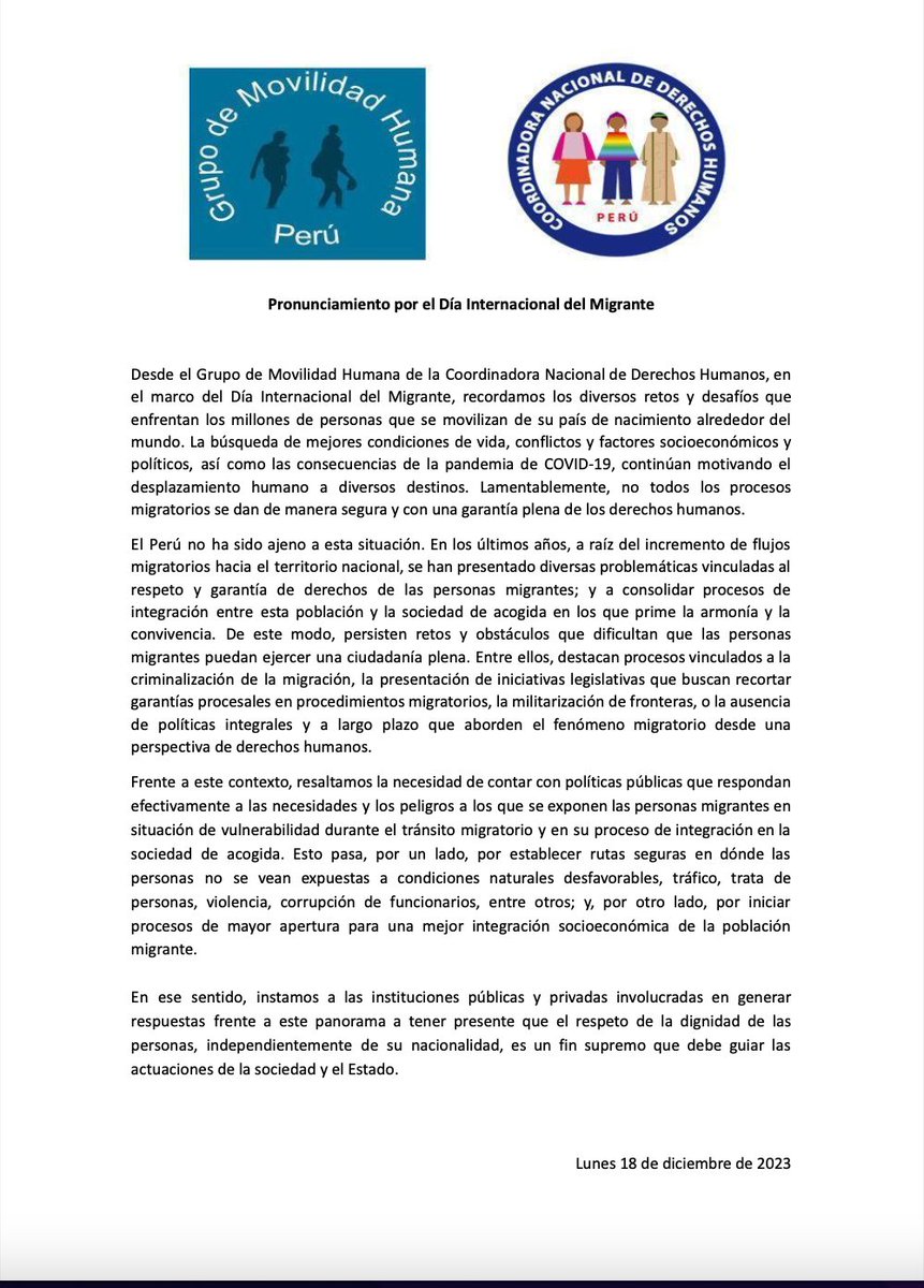 En el marco del Día Internacional del Migrante, desde el Grupo de Movilidad Humana de la @cnddhh, recordamos la importancia de respetar y garantizar los derechos humanos de todas las personas.