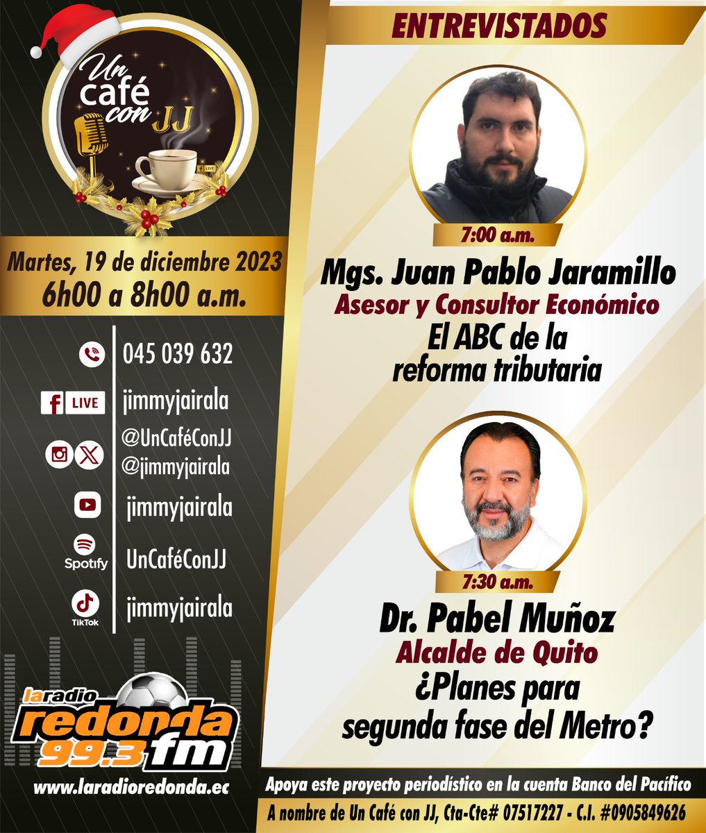 Un Café con JJ (@uncafeconjj) on Twitter photo Mañana en <a href="/UnCafeConJJ/">Un Café con JJ</a> tendremos a los siguientes invitados: <a href="/jpjaramillo25/">Juan Pablo Jaramillo Ramón</a> y <a href="/pabelml/">Pabel Muñoz L.</a>. Los esperamos desde las 06:00 por <a href="/LaRadioRedonda/">La Radio Redonda ⚽️</a> y todas nuestras redes sociales. Mañana en <a href="/UnCafeConJJ/">Un Café con JJ</a> tendremos a los siguientes invitados: <a href="/jpjaramillo25/">Juan Pablo Jaramillo Ramón</a> y <a href="/pabelml/">Pabel Muñoz L.</a>. Los esperamos desde las 06:00 por <a href="/LaRadioRedonda/">La Radio Redonda ⚽️</a> y todas nuestras redes sociales.