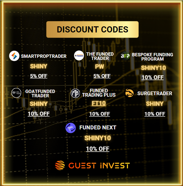 Trading #Discountcodes Exclusively on GUESTINVEST👇

✅Smartproptrader -  5% OFF
✅The Funded Trader - 5% OFF
✅Bespoke Funding Program - 10% OFF
✅GoatFunded Trader - 10% OFF
✅FTP - 10% OFF
✅Surgetrader - 10% OFF 
✅Funded Next - 10% OFF

 VISIT: Guestinvest.com
