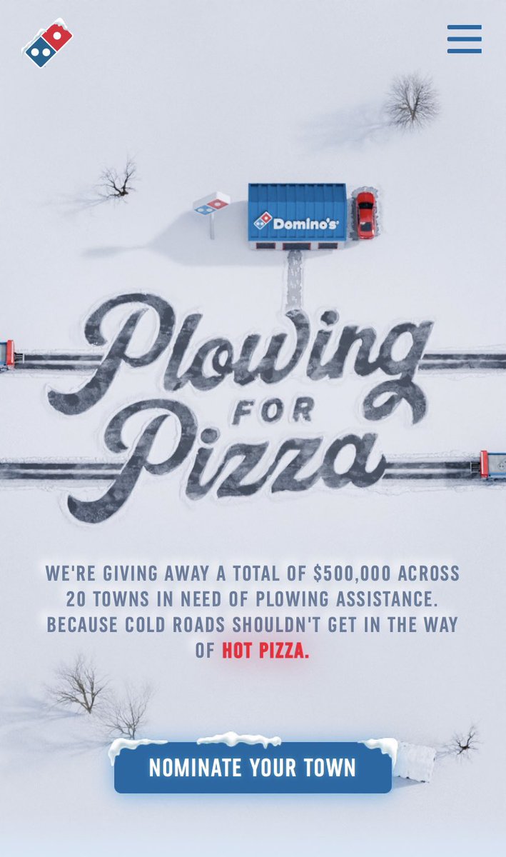 Thing I just learned from a TV ad: Domino’s Pizza has a “plowing assistance program” that provides funds for snowplowing to communities w/unplowed roads. Public invited to “nominate a deserving zip code.” A nation where essential services are outsourced to pizza restaurant chains