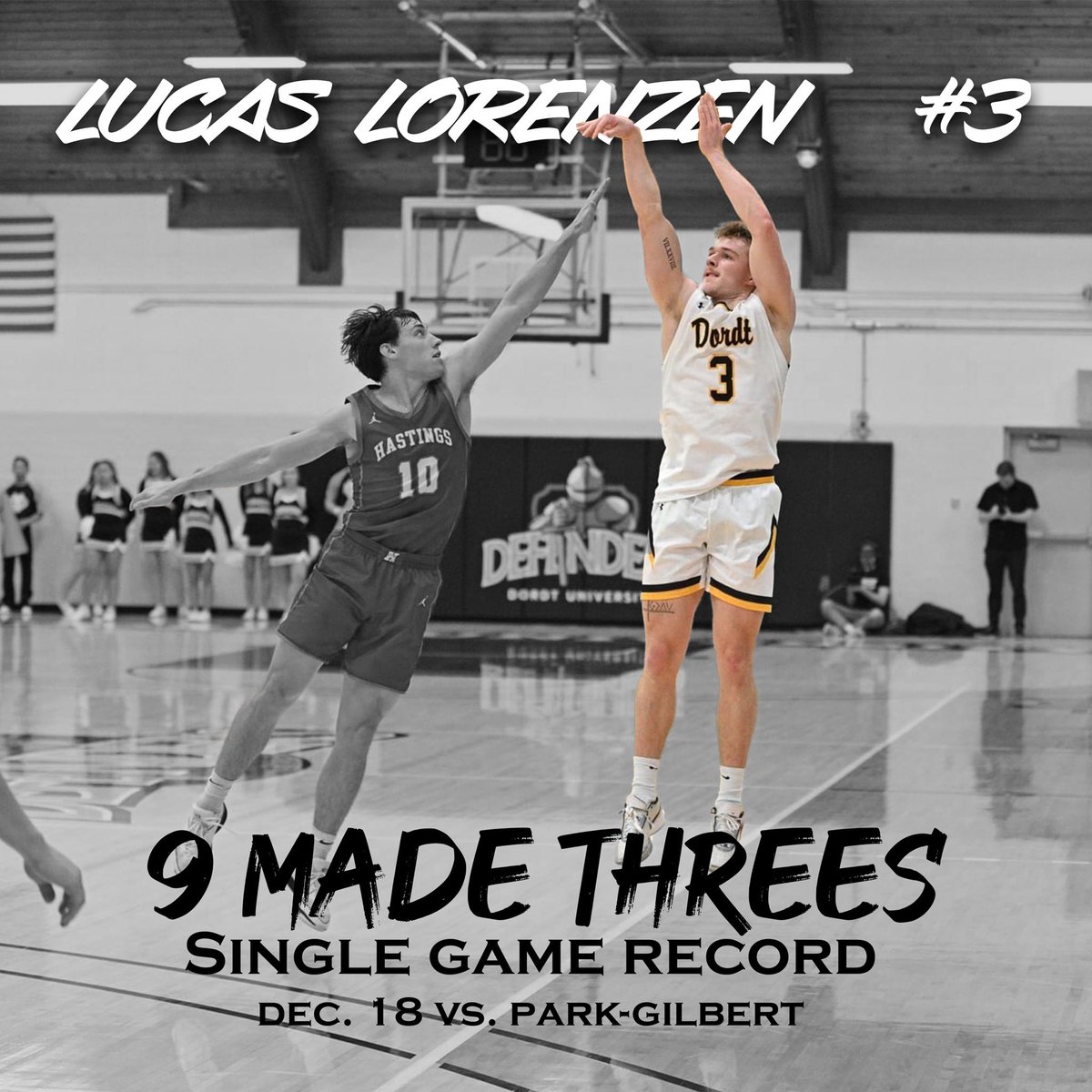 @LucasLorenzen2 went 9-16 tonight from the three point line tonight which sets a single game record.  Not to mention he ended with 43 points and 15 rebounds. Heck of a game! 
<a href="/GPACSports/">Great Plains Athletic Conference</a> <a href="/NAIA/">NAIA</a> <a href="/dordtdefenders/">Dordt Defender Athletics</a> <a href="/NAIAHoopsReport/">NAIA Hoops Report</a>