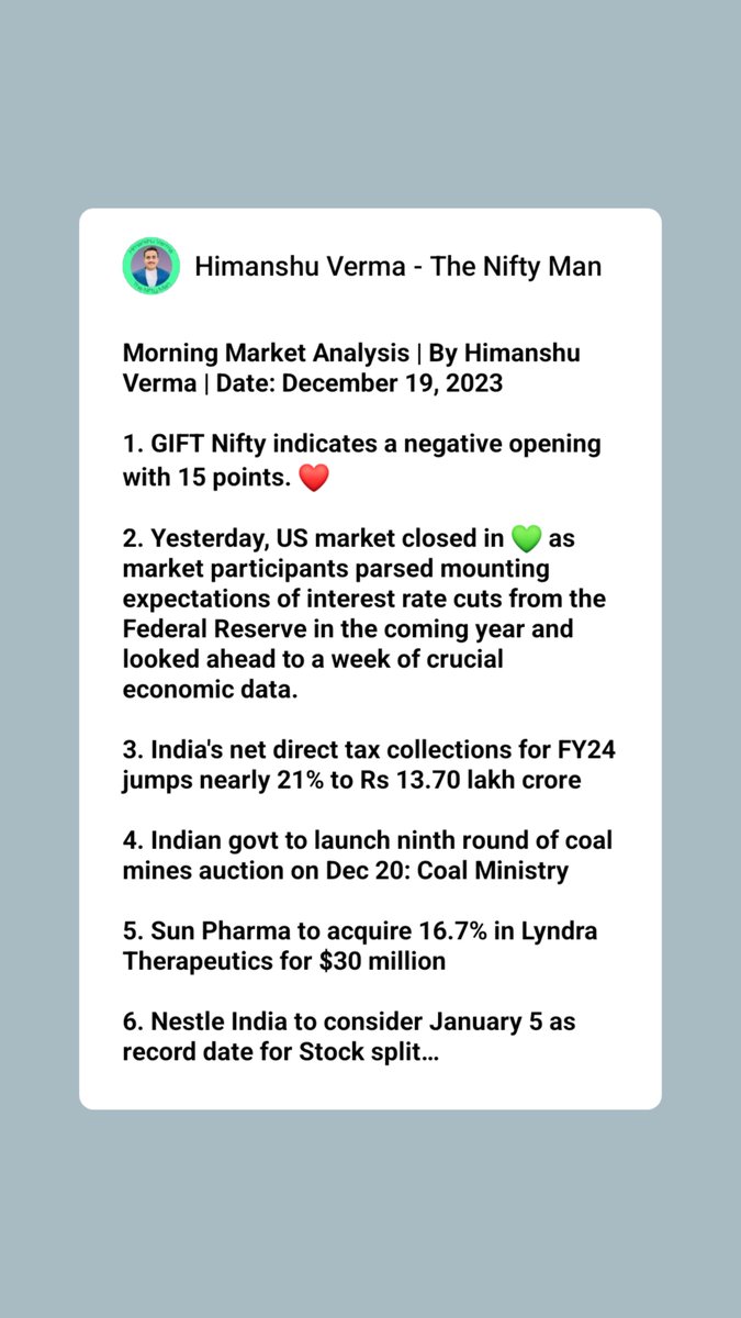 Morning Market Analysis | By Himanshu Verma | Date: December 19, 2023

Link: t.me/TheNiftyManOff…

#TheNiftyMan #stockmarket #niftyfifty #nifty #sgxnifty #GIFTNIFTY #trading