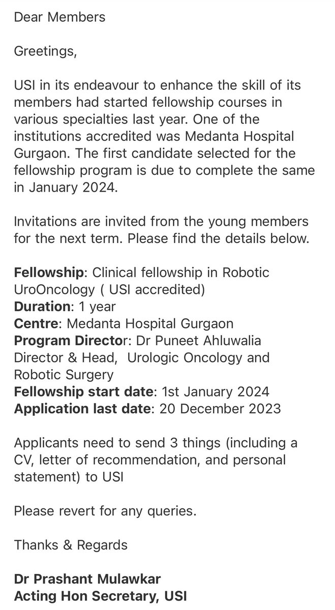 Last date to apply for our USI Robotic Uro Oncology clinical fellowship is 20th Dec! Reach out to our awesome outgoing  current USI fellow <a href="/DrGurpremjit/">Dr Gurpremjit Singh</a> to know more about the fellowship!!