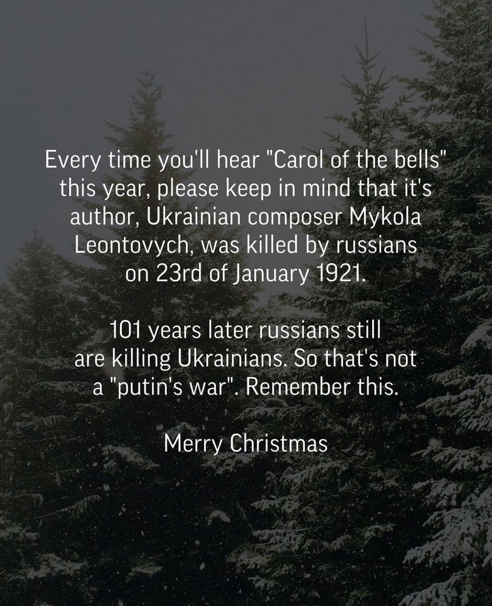 Автор «Щедрика» – український композитор Микола Леонтович, якого вбили москалі 23 січня 1921 року. Пройшло понад 100 років, а москалі продовжують вбивати українців. Памʼятайте про це!