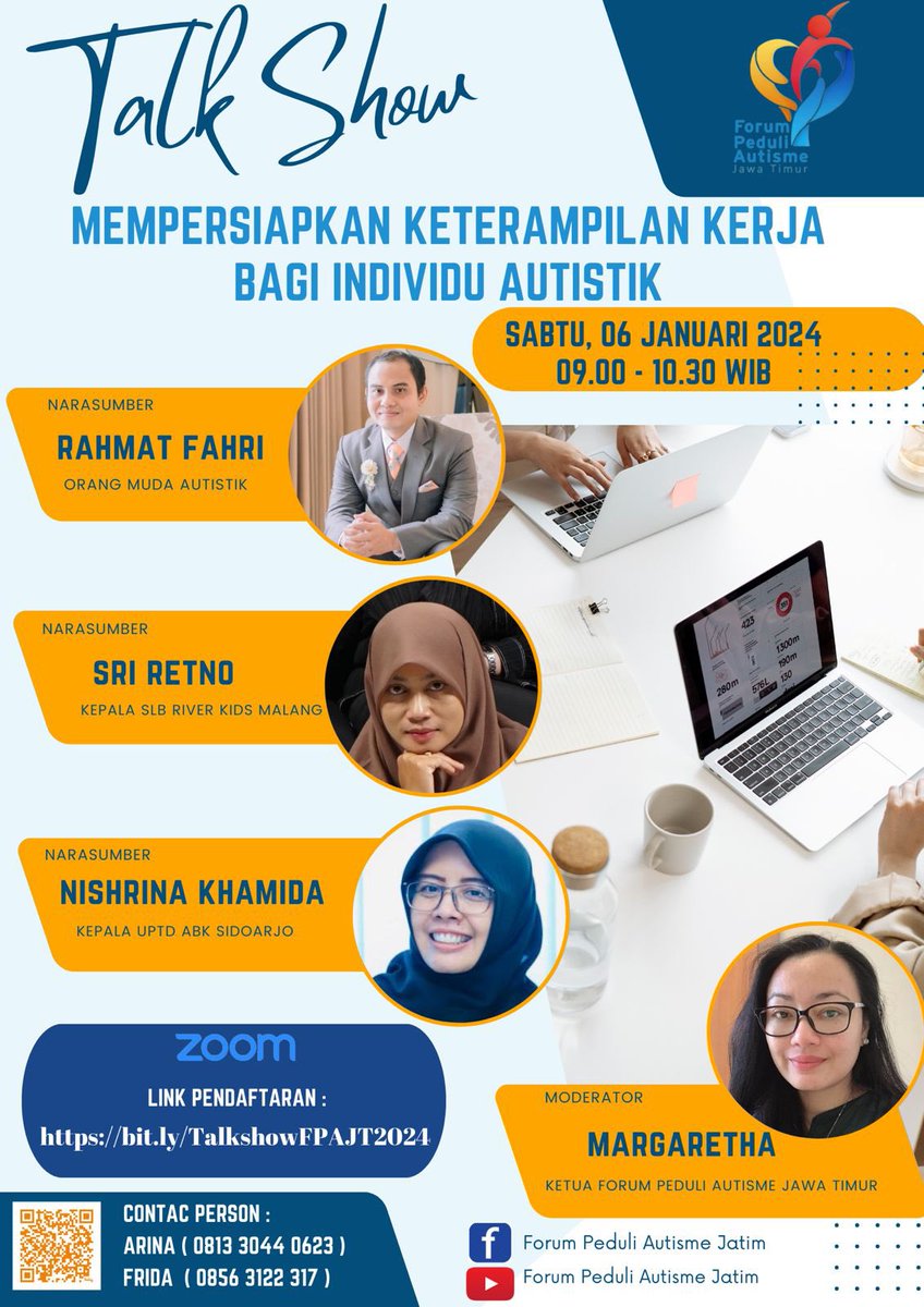 Salam belajar dari Jawa Timur!

Forum Peduli Autisme Jawa Timur akan menyelenggarakan Talkshow online “Mempersiapkan keterampilan kerja bagi Individu Autistik”

Sabtu, 6 Januari 2024
09.00 - 10.30 WIB (GMT+7)
via Zoom dan Youtube 
GRATIS