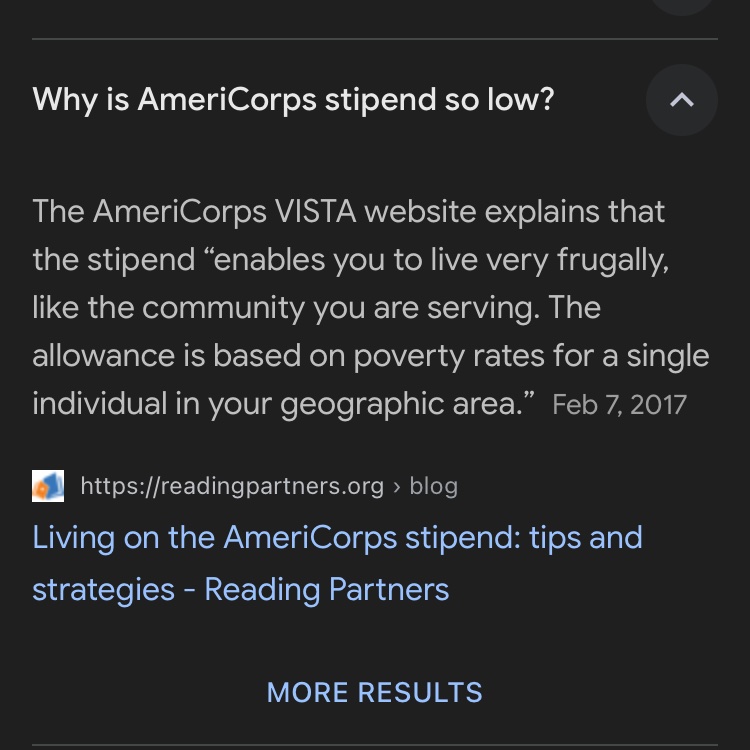 AmeriCorps takes a good idea, which is federal jobs program for youth public service, but distorts it into a unnecessary lesson in poverty. Do they have to experience poverty? Can’t they just have a living wage so as to not create more poverty by underpaying labor on purpose?