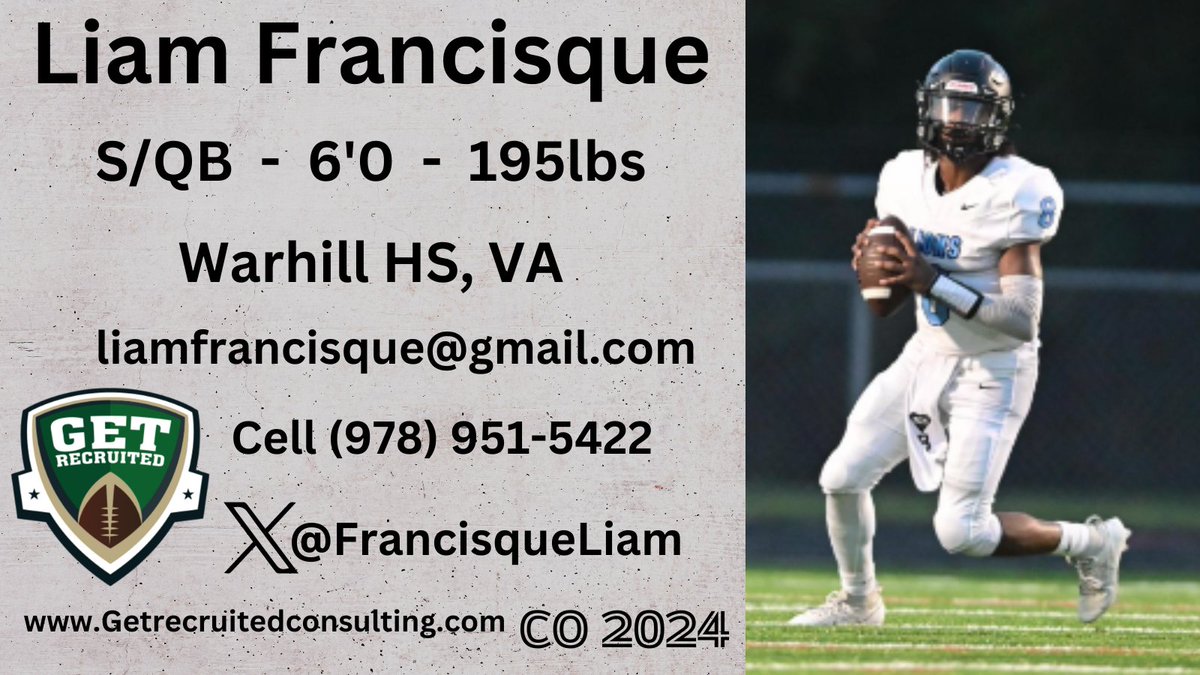 Liam Francisque - CO 2024 - S/QB - 6'0 190lbs - Big, fast, athletic, smart, and a great leader. Warhill HS, VA - Profile: getrecruitedconsulting.com/recruit/liam-t… @Temple_Football @ODUFootball @CuseFootball @UConnFootball @Delaware_FB @ElonFootball @ECUPiratesFB @Pitt_FB @FrancisqueLiam #coach