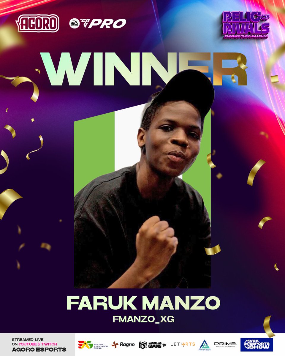 @manzo_faruk, the talented Nigerian gamer, won the Relic of Rivals African FC24 Pro Esports Tournament! In the final match against @Lushen_____ from @GoliathGamingZA in South Africa, Faruk played amazingly, securing a 6-4 victory making everyone cheer and feel super excited!