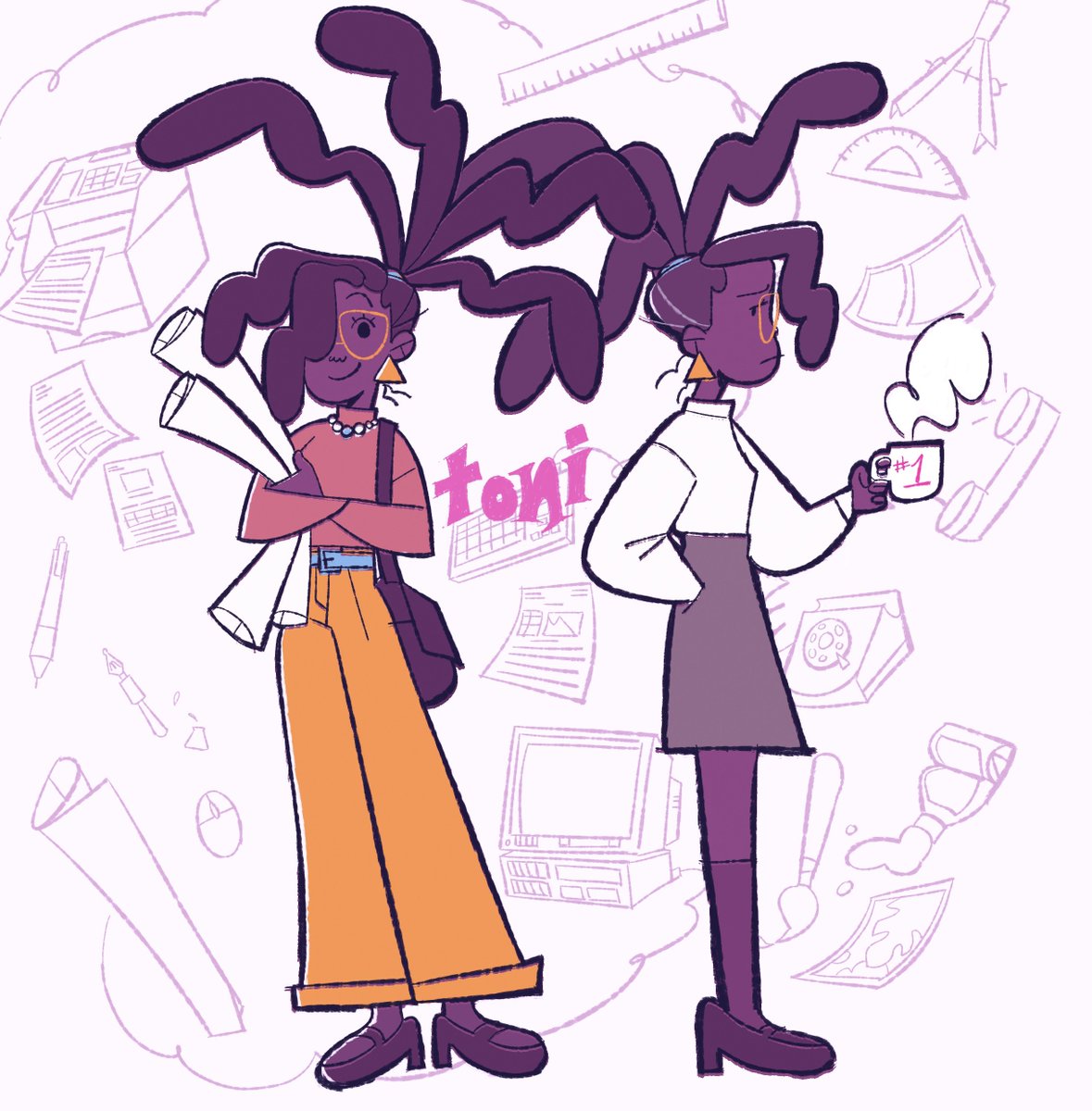 Toni is a graphic design employee at a retrofuturistic tech company with…a questionable reputation. It’s literally draining the life from her but she’s gotta keep pushing!