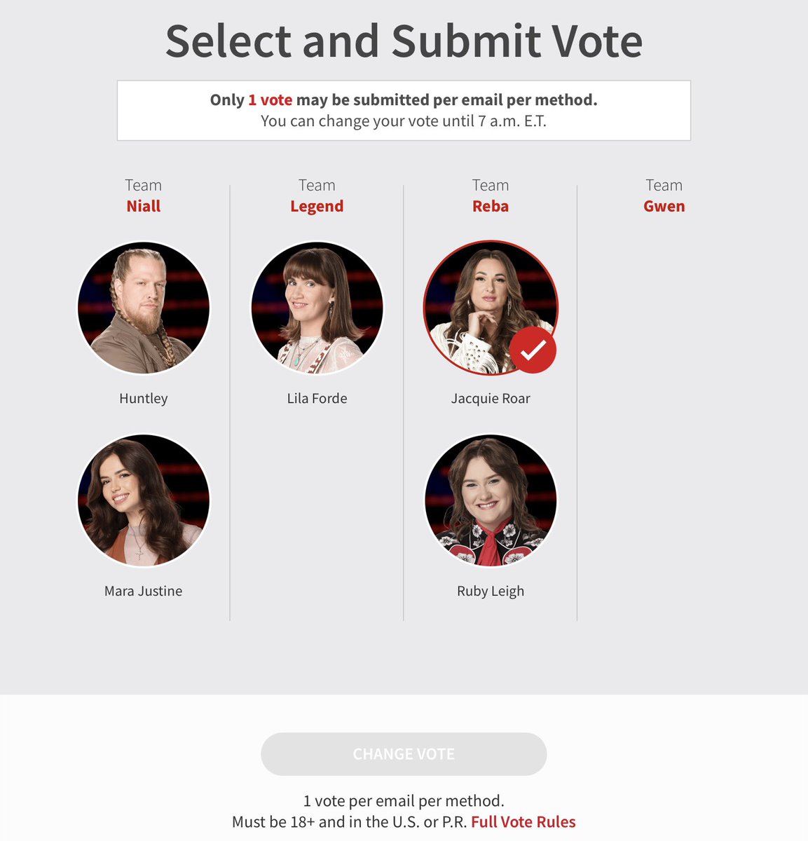 JustJeanne444's tweet photo. @JacquieRoar You have been absolutely phenomenal Jacquie
I have voted for you each and every week.
Go on #gurrl #WinThisSucker
#TeamReba #TheVoice #TheVoiceFinale https://t.co/PN3asNBTPe