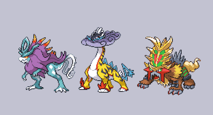 #pixelart #ドット絵 #ポケモンSV ウネルミナモ・タケルライコ・ウガツホムラ。 古代パラドックス3犬はみな恐竜モチーフなんですかね。