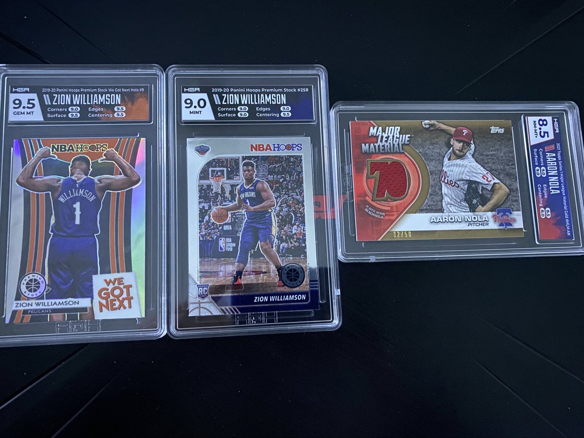 HGA slabs (lol) 

Zion insert - $5
Zion base - $5
Nola relic - $10

@sports_sell @DirtyWorldRT @HobbyRetweet_ @24_7SportsCards @84baseballcards @CardboardEchoes @Hobby_Connect