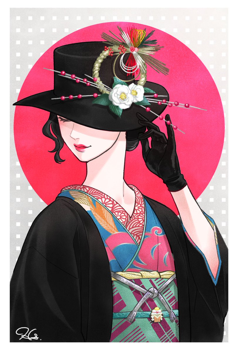 1girl solo japanese clothes hat kimono gloves black hair  illustration images