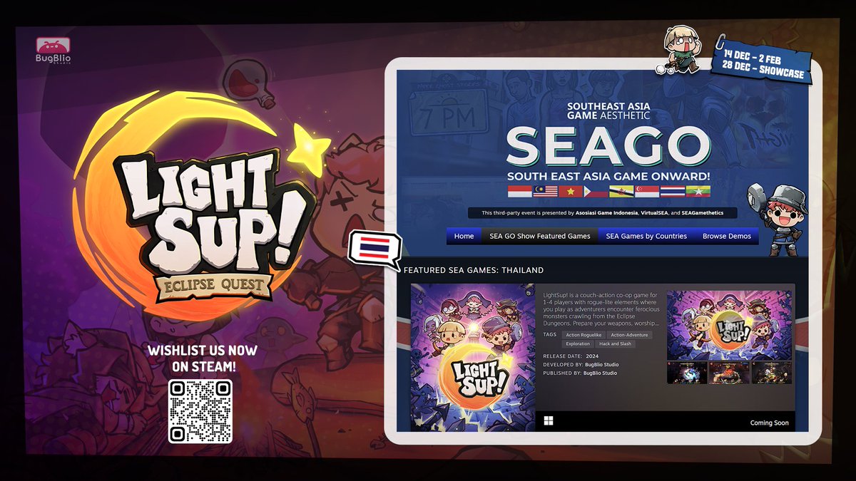 🎉 Hey Everyone! 🎉

LightSup! I just snagged a feature on SEAGO (Southeast Asia Game Aesthetic 2023) on Steam! 🚀✨

Check us out, follow the journey, and help us lighten up the gaming world by adding LightSup! to your Steam Wishlist! 🌟🎮 

#lightsup #SEAGames2023 #indiegame
