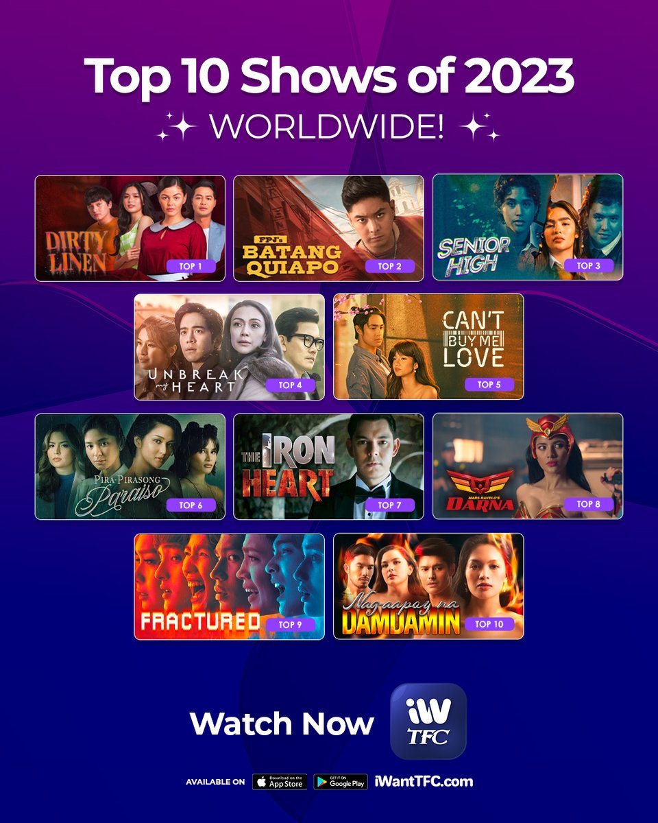 Aling shows nga ba ang bumida sa views this year? Here are the TOP 10 SHOWS OF 2023 on iWantTFC--WORLDWIDE! 🌏 Nakasama ba dyan ang fave mo? Watch more of the shows you love! Download the app or visit our website now. app.iwanttfc.com/Top10Shows2023