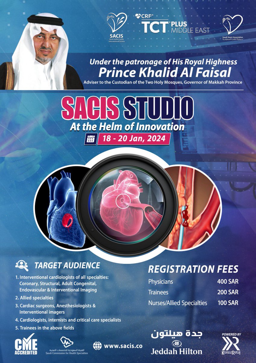 The Saudi Arabian Cardiac Interventional Society extends its gratitude to His Royal Highness Prince Khalid Al-Faisal, Advisor to the Custodian of the Two Holy Mosques, Prince of Mecca Region, for his generous sponsorship of the society's conference on January 18-20, 2024 ~ Jeddah