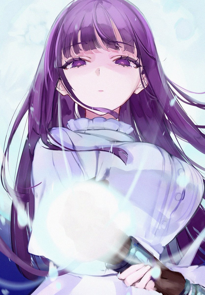 fern (sousou no frieren) 1girl solo purple eyes scarf long hair blurry background purple hair  illustration images