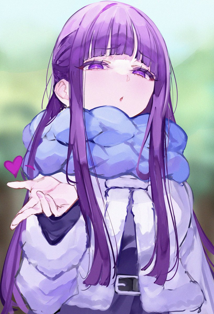 fern (sousou no frieren) 1girl solo purple eyes scarf long hair blurry background purple hair  illustration images