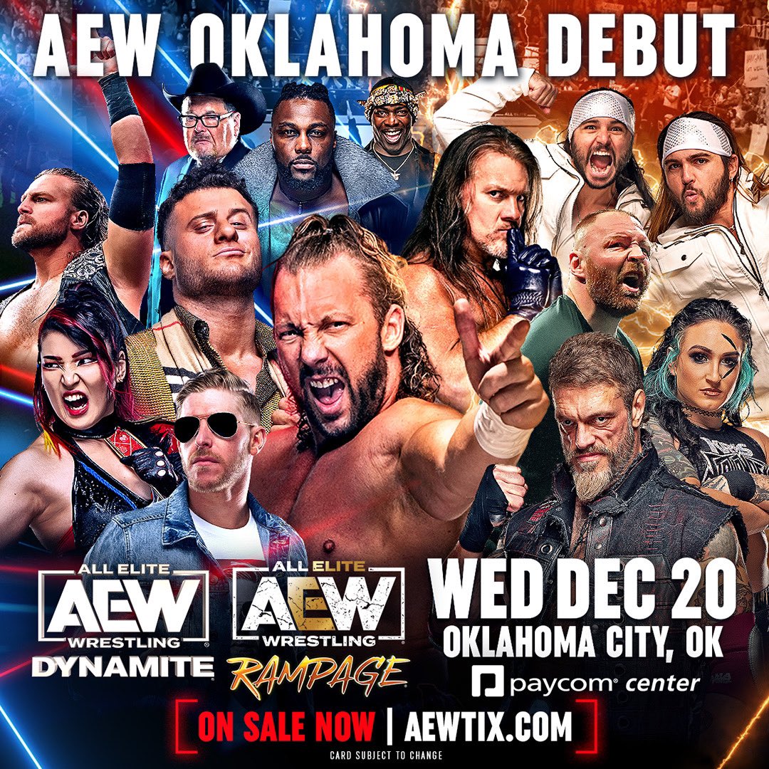 . @AEW is coming to the @PaycomCenter in OKC on December 20! Grab the family & check out #AEW Dynamite & Rampage! Tickets are on sale now and you can get a special Holiday offer of 4 tickets for only $40 now by using code: RWJHBD at the checkout on AEWTIX.COM . #ad