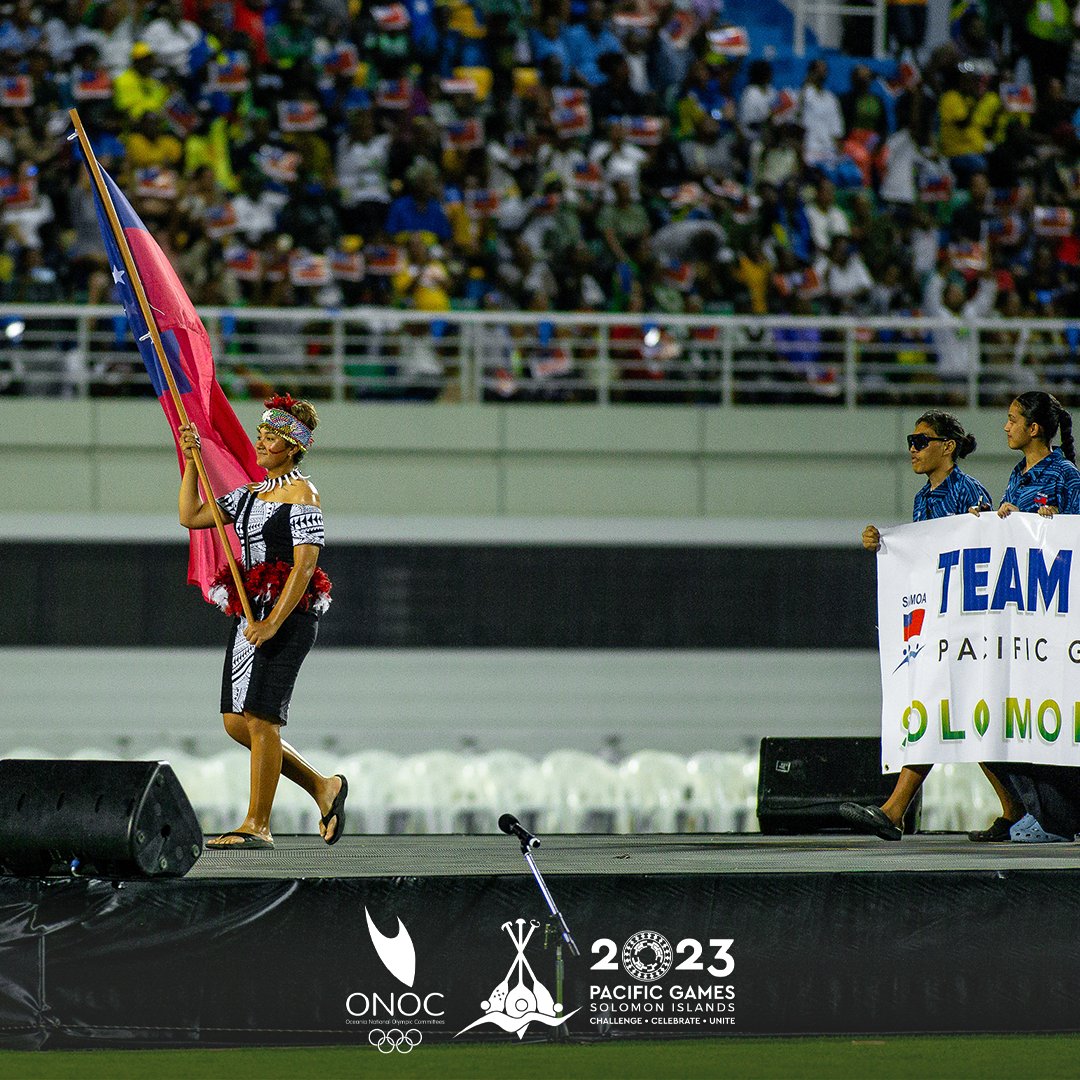 oceaniaolympic's tweet photo. Team Samoa during the opening ceremony of the #SOL2023PacificGames in Honiara. #Sol2023 #OceaniaTogether #PacificGames https://t.co/d8lx8WLDzw