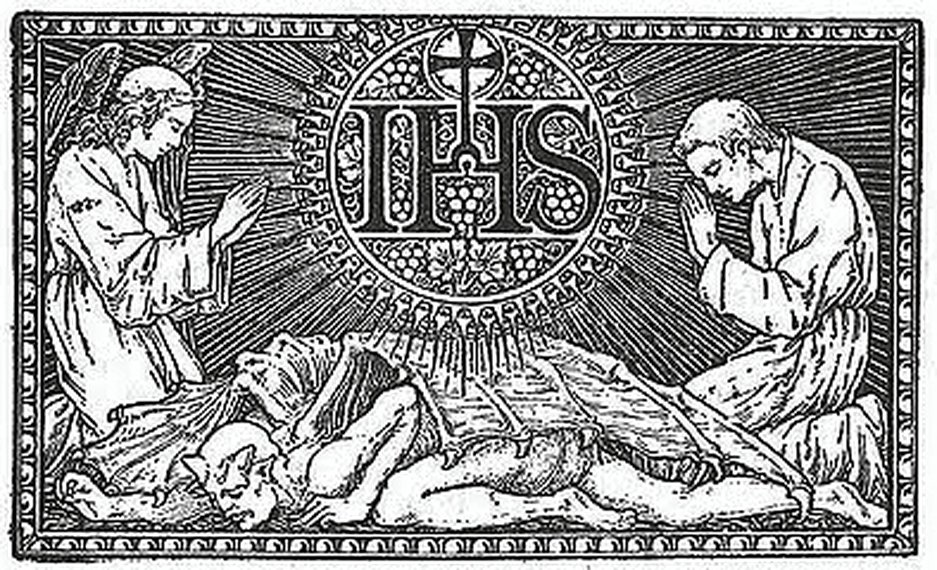 The solar symbol employed by the Jesuits goes back to Atonism.  There is something beneath as well as behind the bright rays of the sun.  We see what looks like an angel and a monk on either side of the fallen Satan.  Are they worshiping the sun or the Fallen One?