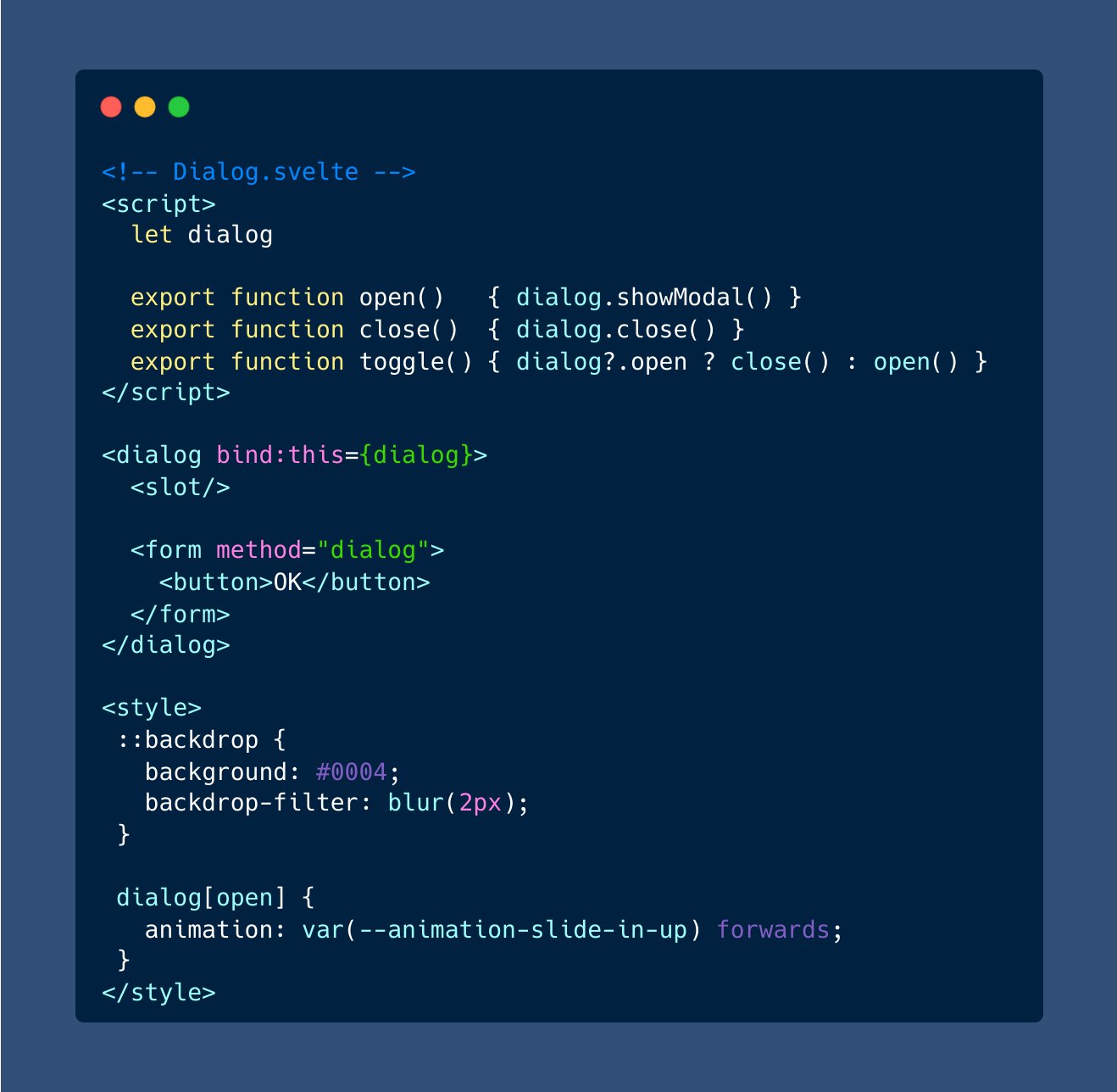 Josh Nussbaum on X: "Simple dialog component with Svelte: Using ::backdrop pseudo-element and entrance animation via open-props. https://t.co/fUiWbKyORp" / X Josh Nussbaum on X: "Simple dialog component with Svelte: Using ::backdrop pseudo-element and entrance animation via open-props. https://t.co/fUiWbKyORp" / X