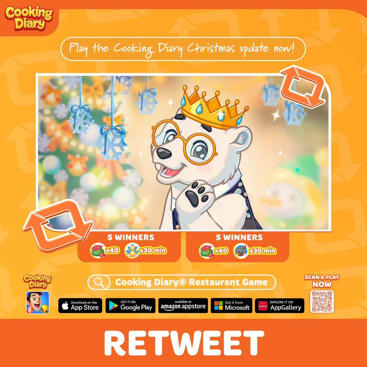 Cooking Diary (@cookingdiary) on Twitter photo ๐โจ Play the Cooking Diary Christmas Update Now! ๐ Retweet for a chance to win, and dive into the festive fun with the festive vibes! โ๏ธโจ
Here's how to join the Christmas contest:
1๏ธโฃ Follow us <a href="/cookingdiary/">Cooking Diary</a>
2๏ธโฃ Retweet this tweet
๐ Prizes for 5 lucky winners:
40 rubies ๐โจ Play the Cooking Diary Christmas Update Now! ๐ Retweet for a chance to win, and dive into the festive fun with the festive vibes! โ๏ธโจ
Here's how to join the Christmas contest:
1๏ธโฃ Follow us <a href="/cookingdiary/">Cooking Diary</a>
2๏ธโฃ Retweet this tweet
๐ Prizes for 5 lucky winners:
40 rubies