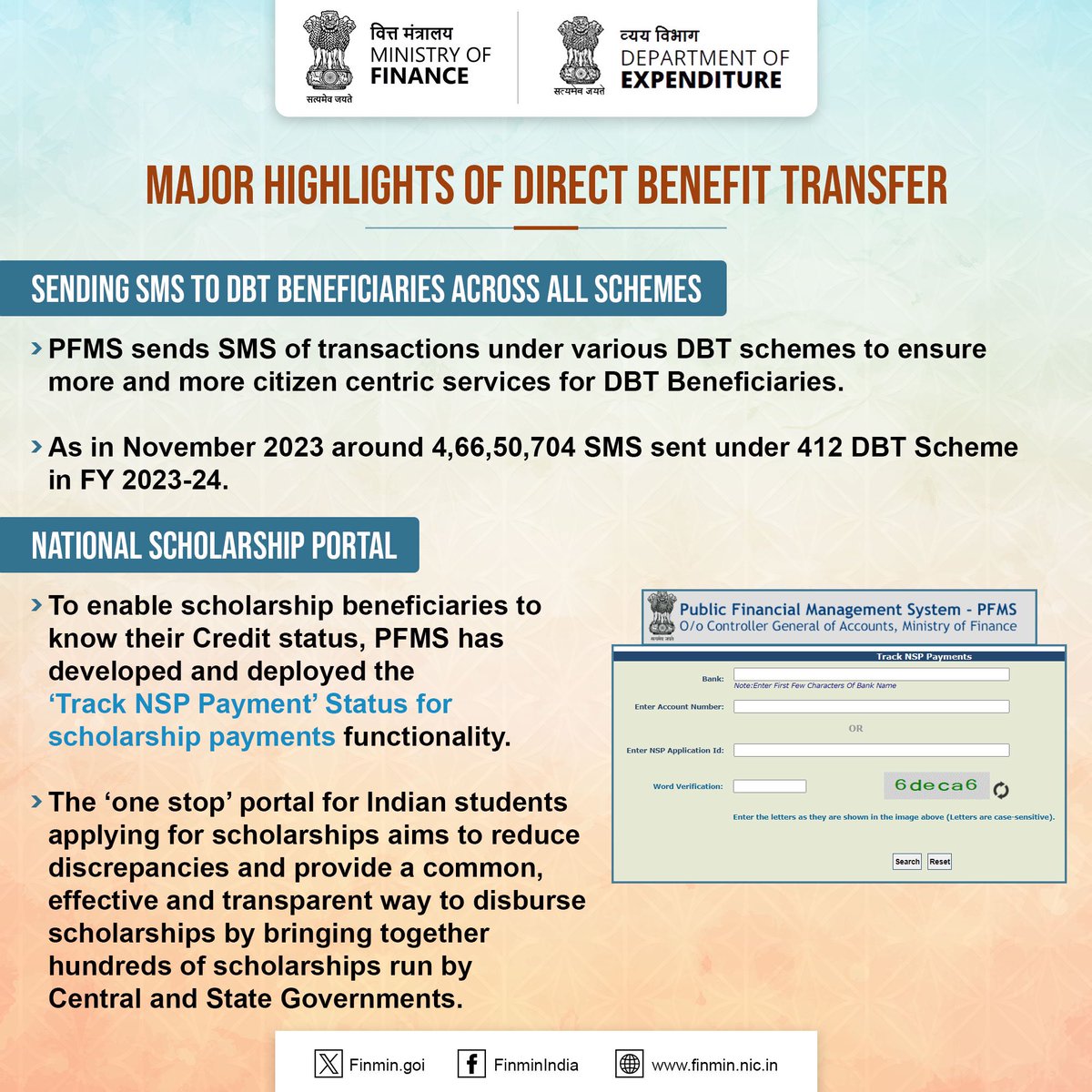 Direct Benefit Transfer #DBT through Public Financial Management System #PFMS supports #DigitalIndia by enabling electronic payment and receipt for Ministries/Departments in both Centre and States. 

#ViksitBharat #FinMinReview2023