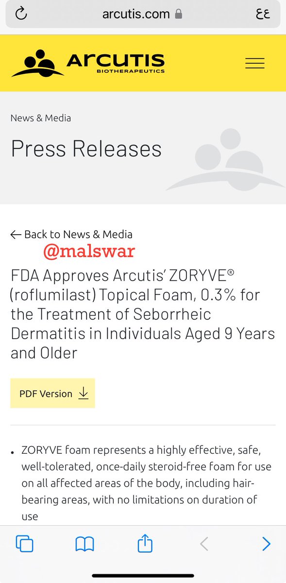 MALSWAR's tweet photo. #معلومة

حصلت شركة Arcutis Biotherapeutics Inc. على موافقة إدارة الغذاء والدواء الأمريكية (FDA) على دواءها المطور حديثًا #roflumilast
 #Zoryve، المصمم لمعالجة التهاب الجلد الدهني (seborrheic dermatitis). Zoryve هو علاج موضعي مخصص ويستهدف السبب الأساسي للحالة. تعتبر موافقة إدارة الغذاء والدواء الأمريكية جديرة بالملاحظة نظرًا للنطاق المحدود من خيارات العلاج المتاحة لالتهاب الجلد الدهني في الوقت الحالي.
والجدير بالملاحظه فان 
#Roflumilast اذا كان على شكل اقراص بالفم فهو مرخص لعلاج مرض الانسداد الرئوي المزمن الحاد COPD 
اما اذا كان شكله الدوائي موضعي مثل الكريم او الرغوة  فهو يستخدم لعلاج الصدفية والتهابات الجلد ويتميز بانه دواء لايحتوي على الكورتيزون