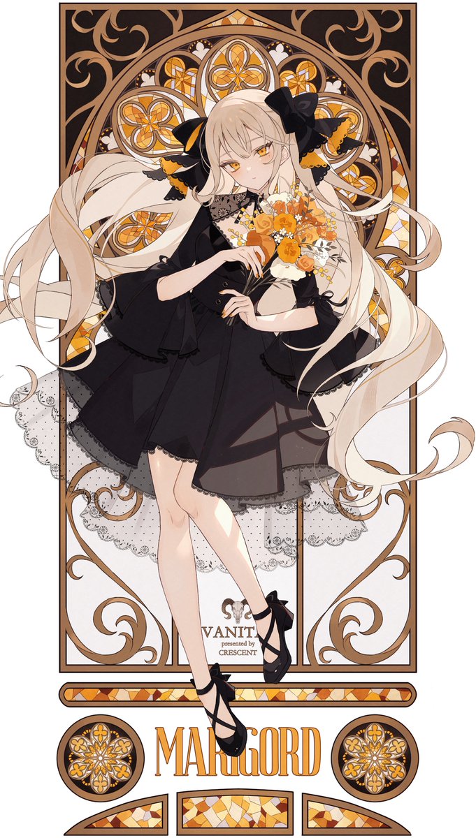 1girl solo long hair dress black dress flower bouquet  illustration images