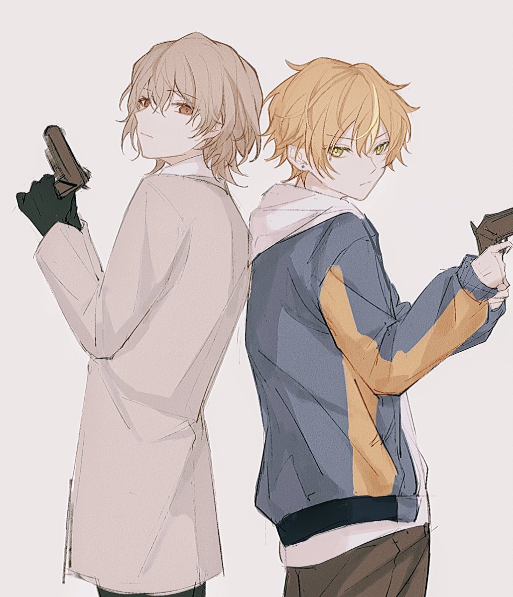 shinonome akito back-to-back multiple boys 2boys weapon holding gun pants  illustration images