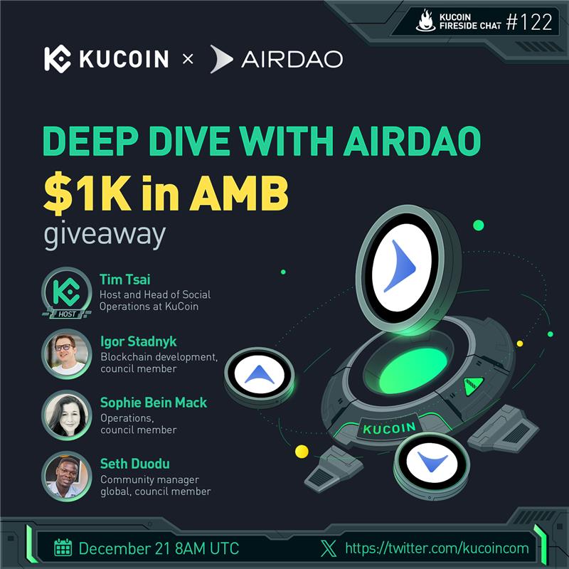 kucoincom's tweet photo. 🚀 Join our upcoming #KuCoinXSpace for an exclusive deep dive discussion with @airdao_io! ✨

🎁$1,000 in $AMB Giveaway (10 winners)

1️⃣ Follow @kucoincom &amp; @airdao_io
2️⃣ RT, like &amp; tag 2 friends
3️⃣ Fill in form: https://t.co/q8GjF0VTc4
4️⃣ Join the space

✅Set a reminder