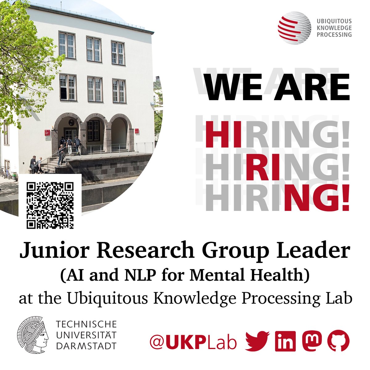 Are you interested in doing cutting-edge research in #NLProc, Machine Learning, and #AI for #MentalHealth? ⚕️ Join our team at <a href="/CS_TUDarmstadt/">Computer Science, TU Darmstadt</a> as a #DYNAMIC Junior Research Group Leader!

🗓️ Applications possible until Jan 31, 2024.

➡️ informatik.tu-darmstadt.de/ukp/ukp_home/j…