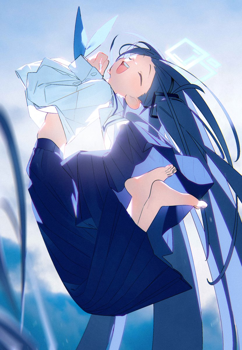 aris (blue archive) 1girl solo halo skirt long hair closed eyes barefoot  illustration images