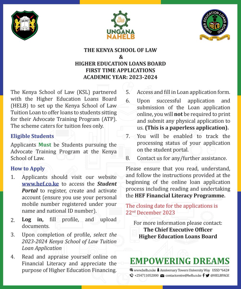 Application for the Kenya School of Law (KSL) tuition loan is now open. Applicants are encouraged to seize the opportunity and apply by 22nd December 2023. See poster for details. 👉hef.co.ke