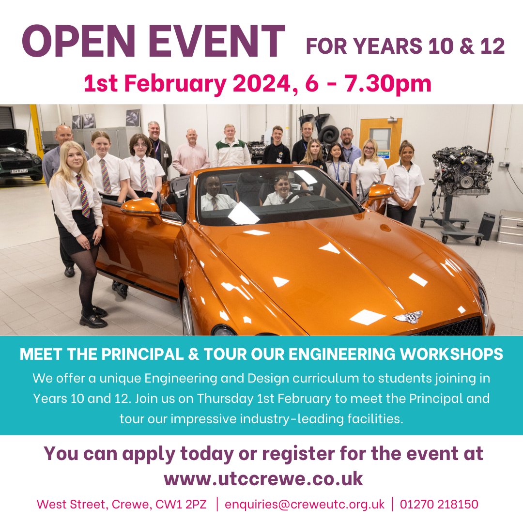 Save the date and book your place at our next Open Event for students interested in joining us @CreweUTC in Sept 2024. #WeAreIndustryReady #Year10 #Year12 #Engineering