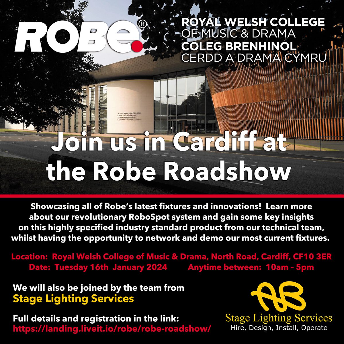 RobeAroundTheUK's tweet image. Cardiff kicks off the New Year when our #Roberoadshow visits the @RWCMD on Tues 16 Jan 2024.

Join us between 10am - 5pm to see the latest fixtures from @robelighting  and attend FREE #RoboSpot training.

Full details and registration in the link below:  landing.liveit.io/robe/robe-road…