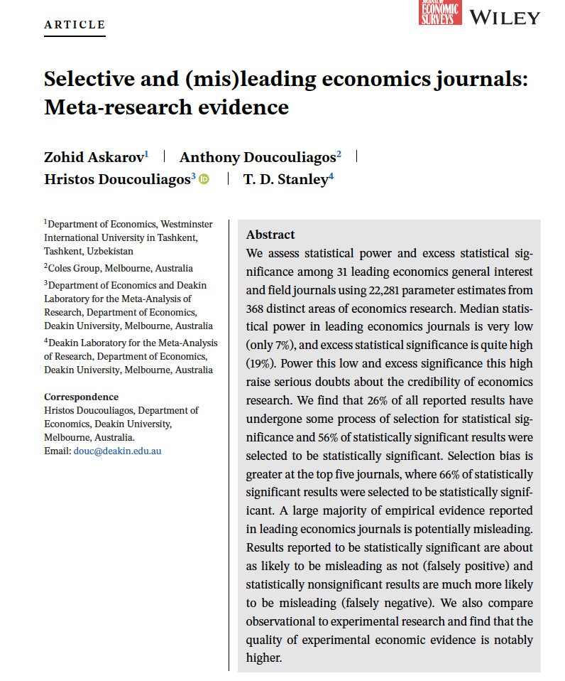 '56% of statistically significant results [in leading economics journals' were selected to be statistically significant. Selection bias is greater at the top five journals, where 66% of statistically significant results were selected to be statistically significant'