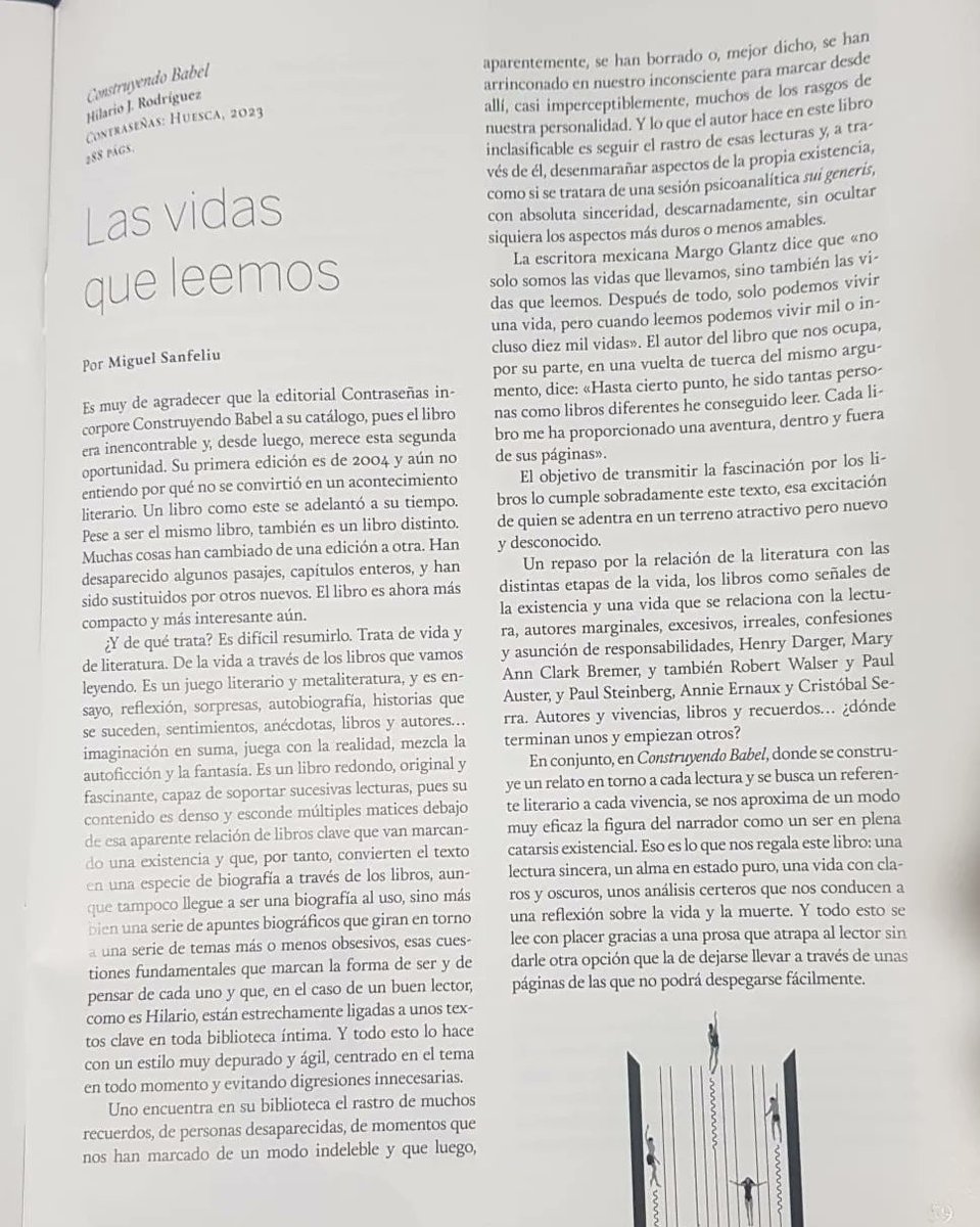 En el número de diciembre de @QuimeraRevista, @MiguelSanfeliu hace una colosal crítica de CONSTRUYENDO BABEL (@edcontrasena), un libro -según él- 'redondo, original y fascinante'.
 
¡¡¡Mil gracias!!! 🙂👍🙋